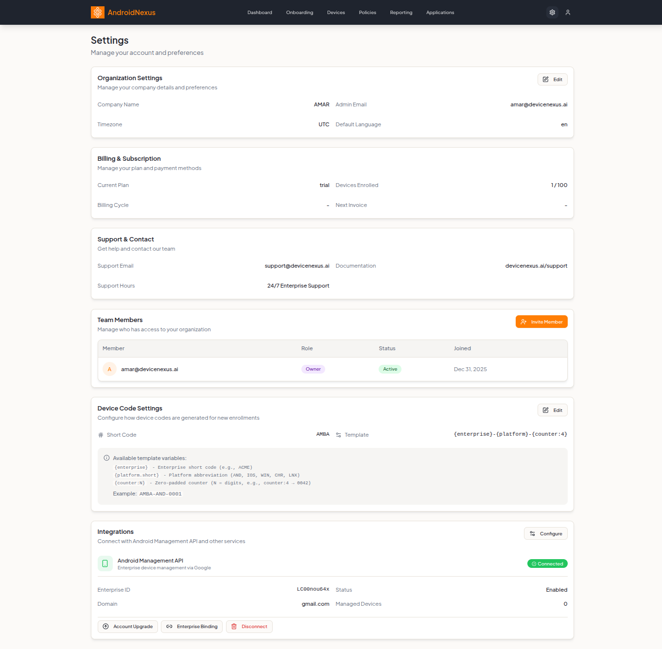 Settings Page